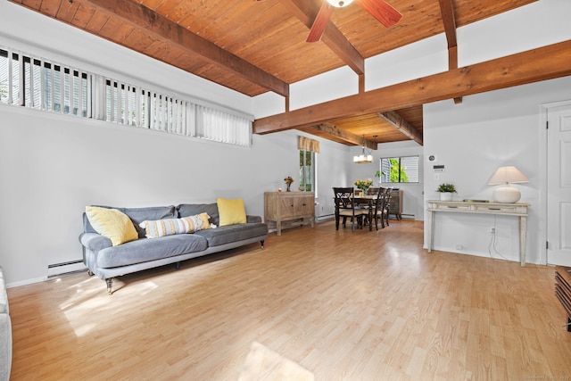 421 Glenbrook Rd Apt 2, Stamford, CT 06906 - living room with a baseboard radiator, a wooden ceiling with exposed beams, wood finished floors, a chandelier, and a ceiling fan