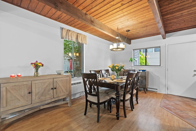 421 Glenbrook Rd Apt 2, Stamford, CT 06906 - dining area featuring a wood ceiling with exposed beams, light wood-style flooring, a chandelier, and baseboard heating