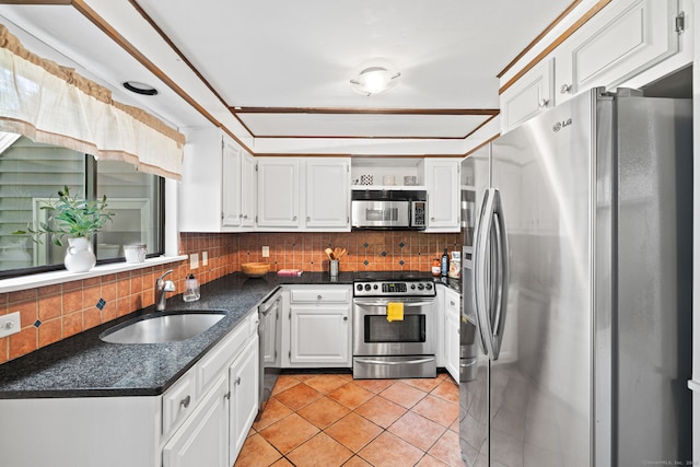 421 Glenbrook Rd Apt 2, Stamford, CT 06906 - kitchen featuring appliances with stainless steel finishes, white cabinets, open shelves, backsplash, and light tile patterned flooring