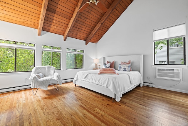421 Glenbrook Rd Apt 2, Stamford, CT 06906 - bedroom with a wooden ceiling with exposed beams, wood finished floors, multiple windows, a baseboard radiator, and an AC wall unit