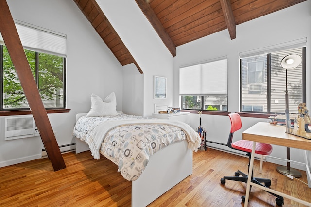 421 Glenbrook Rd Apt 2, Stamford, CT 06906 - bedroom featuring wooden ceiling, light wood finished floors, baseboard heating, a baseboard radiator, and a wall mounted AC