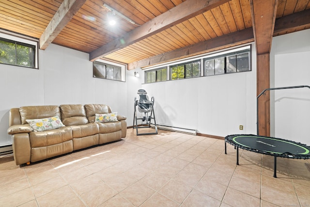 421 Glenbrook Rd Apt 2, Stamford, CT 06906 - living area with a wood ceiling with exposed beams, a baseboard radiator, and light tile patterned floors