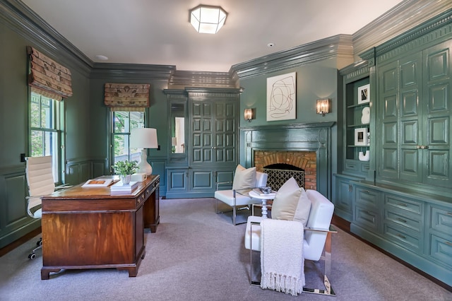 14 Market St, Ridgefield, CT 06877 - office with crown molding, carpet floors, and a fireplace
