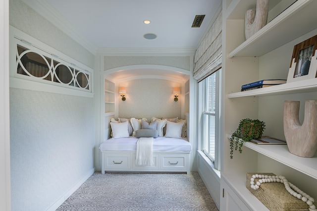 14 Market St, Ridgefield, CT 06877 - bedroom with arched walkways, crown molding, light colored carpet, and recessed lighting
