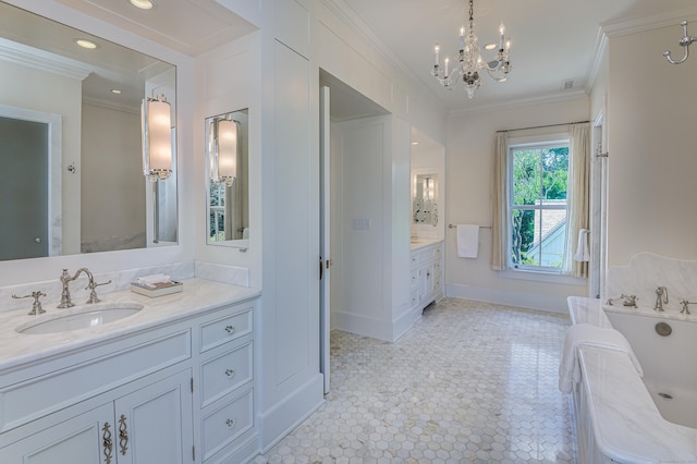 14 Market St, Ridgefield, CT 06877 - full bathroom featuring ornamental molding, two vanities, a bathtub, and a chandelier