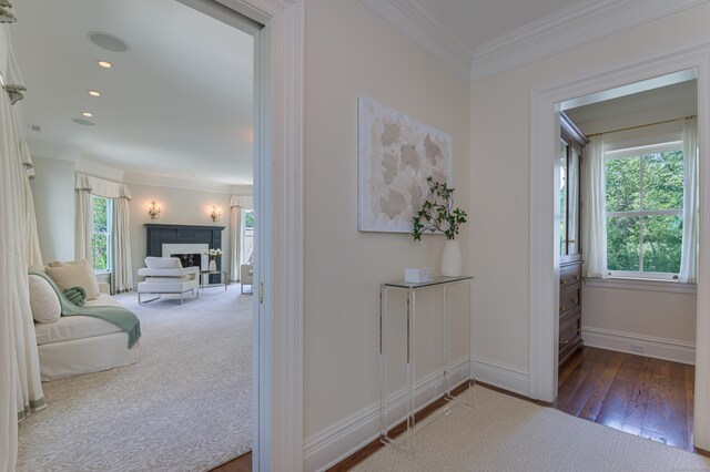 14 Market St, Ridgefield, CT 06877 - hall with ornamental molding, wood-type flooring, and recessed lighting