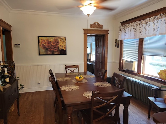 50 Tracy Ave, Waterbury, CT 06706 - dining room with radiator heating unit, wood finished floors, a ceiling fan, cooling unit, and ornamental molding