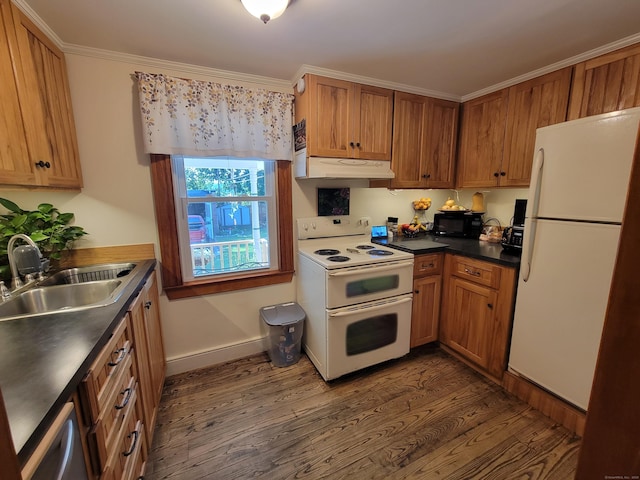 50 Tracy Ave, Waterbury, CT 06706 - kitchen featuring white appliances, under cabinet range hood, dark wood-style floors, dark countertops, and crown molding