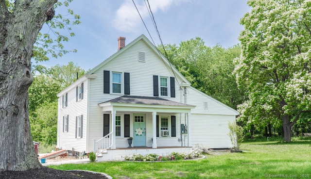 282 Montgomery Rd, Westfield, MA 01085 - view of front facade with covered porch, a chimney, a front lawn, and roof with shingles