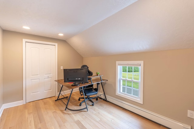 282 Montgomery Rd, Westfield, MA 01085 - home office with a baseboard radiator, light wood finished floors, lofted ceiling, and recessed lighting