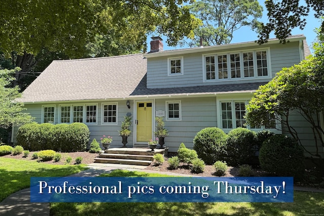 35 Rayfield Rd, Westport, CT 06880 - view of front of home featuring a chimney and roof with shingles