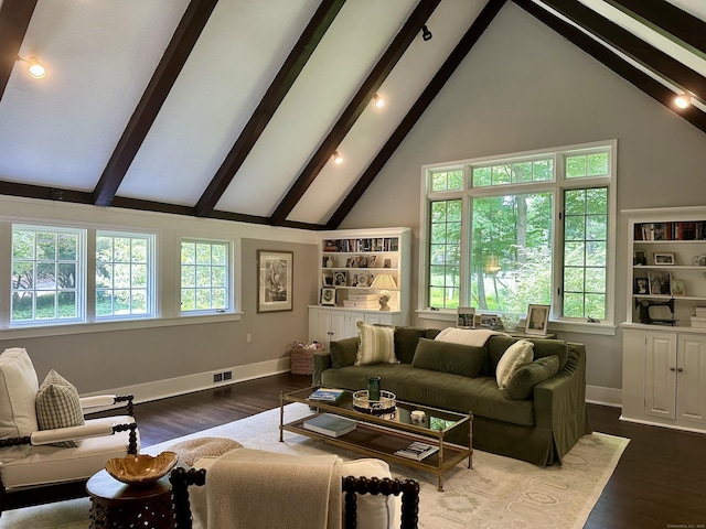 35 Rayfield Rd, Westport, CT 06880 - living area featuring beam ceiling, high vaulted ceiling, and dark wood finished floors