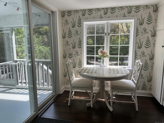 35 Rayfield Rd, Westport, CT 06880 - dining room with wallpapered walls and dark wood-type flooring