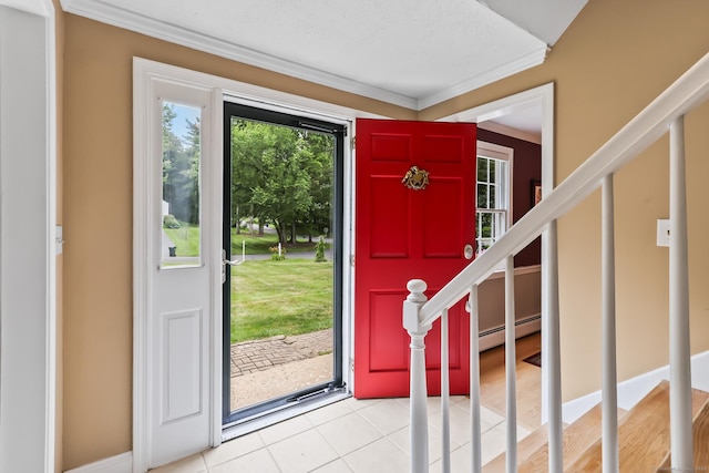 4 Adams Rd, Simsbury, CT 06089 - entryway with a baseboard radiator, crown molding, stairs, and tile patterned floors