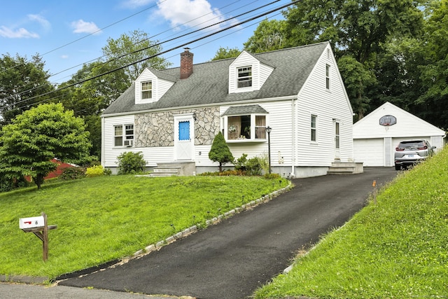 6 Topstone Dr, Danbury, CT 06810 - cape cod house featuring a garage, an outdoor structure, a chimney, a front lawn, and a shingled roof
