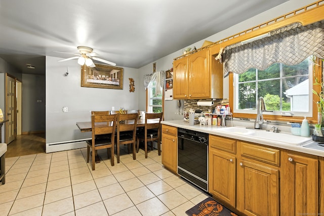 6 Topstone Dr, Danbury, CT 06810 - kitchen with black dishwasher, a ceiling fan, light tile patterned floors, and light countertops