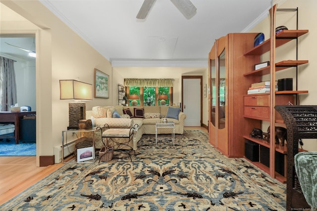 20 Cedar Crest Pl, Norwalk, CT 06854 - living room featuring ornamental molding, wood finished floors, and ceiling fan