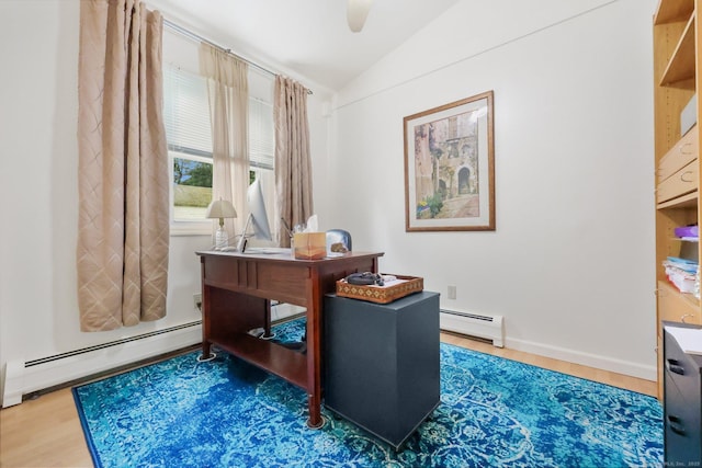 20 Cedar Crest Pl, Norwalk, CT 06854 - office area featuring baseboard heating, wood finished floors, vaulted ceiling, and a ceiling fan