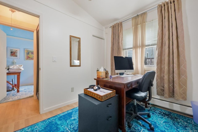 20 Cedar Crest Pl, Norwalk, CT 06854 - office featuring a baseboard radiator, lofted ceiling, and wood finished floors