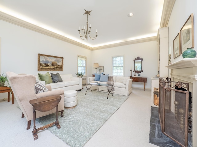 51 Powderhorn Dr, Ridgefield, CT 06877 - carpeted living room featuring a chandelier, crown molding, and a fireplace