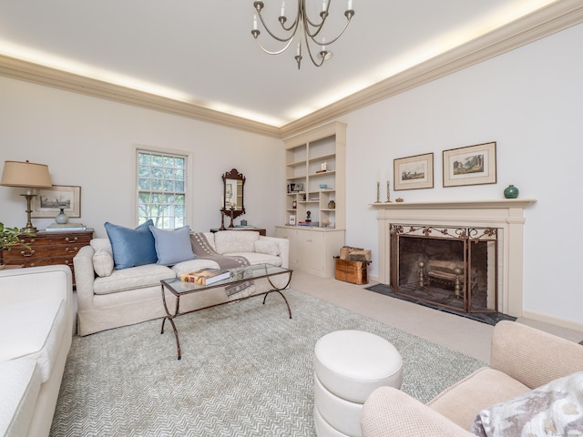 51 Powderhorn Dr, Ridgefield, CT 06877 - carpeted living area featuring a chandelier, ornamental molding, and a fireplace
