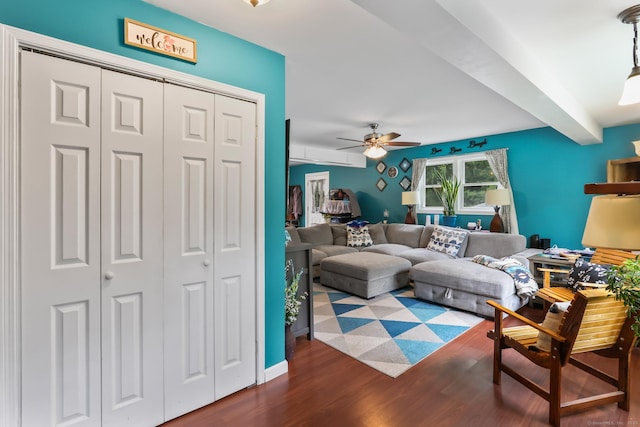 7 Pheasant Run Rd Unit 1, Kent, CT 06757 - living area featuring dark wood finished floors, a ceiling fan, and beamed ceiling
