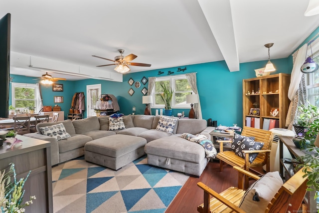 7 Pheasant Run Rd Unit 1, Kent, CT 06757 - living area with a ceiling fan, beamed ceiling, and wood finished floors