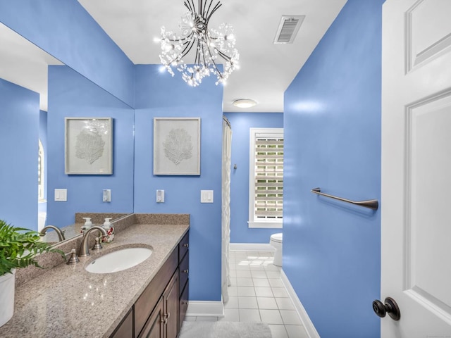 14 Ely Ln, Killingworth, CT 06419 - bathroom with tile patterned floors, vanity, a chandelier, and a shower with shower curtain