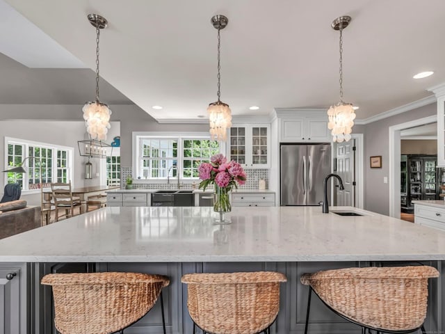 14 Ely Ln, Killingworth, CT 06419 - kitchen featuring freestanding refrigerator, a chandelier, a large island, recessed lighting, and healthy amount of natural light
