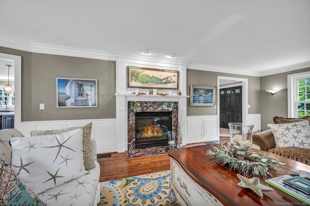 14 Ely Ln, Killingworth, CT 06419 - living room featuring crown molding, wood finished floors, a premium fireplace, and a wainscoted wall