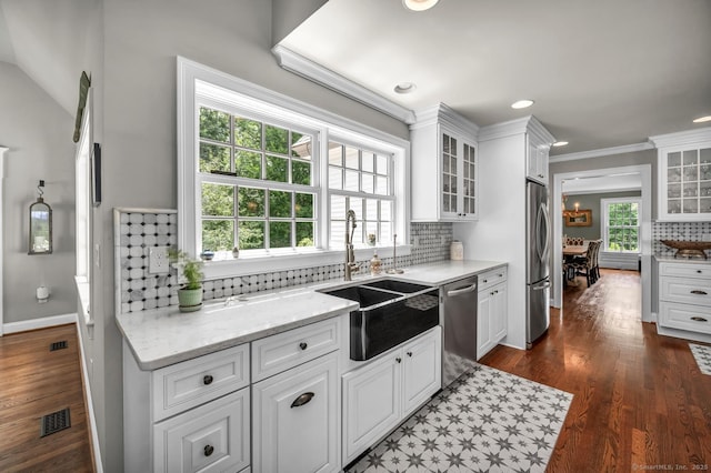 14 Ely Ln, Killingworth, CT 06419 - kitchen with appliances with stainless steel finishes, backsplash, white cabinets, glass insert cabinets, and dark wood finished floors