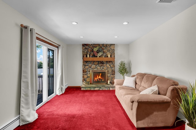 288 Pine Ln, Wethersfield, CT 06109 - carpeted living room with baseboard heating, a stone fireplace, and recessed lighting