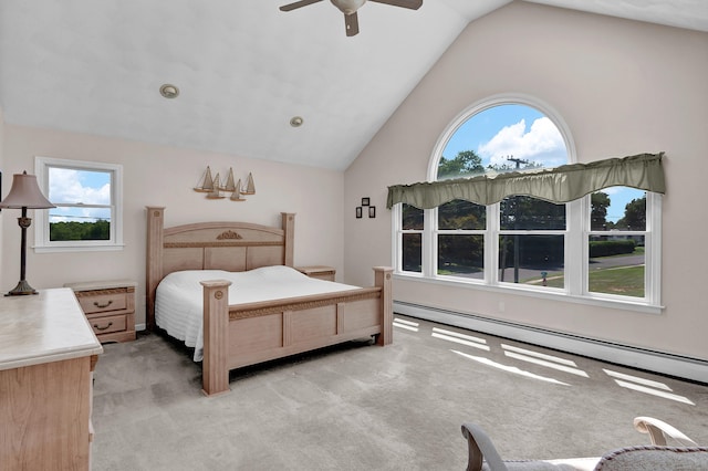 288 Pine Ln, Wethersfield, CT 06109 - carpeted bedroom with a baseboard radiator, lofted ceiling, and a ceiling fan