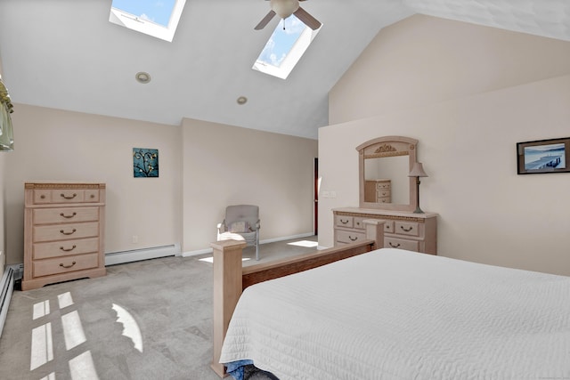288 Pine Ln, Wethersfield, CT 06109 - bedroom with a baseboard heating unit, a skylight, high vaulted ceiling, light colored carpet, and a ceiling fan