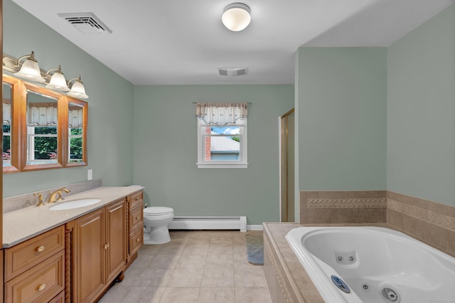 288 Pine Ln, Wethersfield, CT 06109 - bathroom with a baseboard radiator, vanity, a tub with jets, a shower stall, and tile patterned flooring