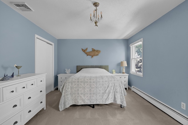 288 Pine Ln, Wethersfield, CT 06109 - bedroom with baseboard heating, light carpet, and a chandelier