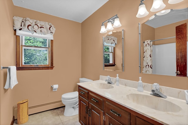 288 Pine Ln, Wethersfield, CT 06109 - bathroom with baseboard heating, tile patterned floors, double vanity, and curtained shower