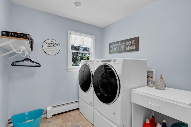 288 Pine Ln, Wethersfield, CT 06109 - laundry area with a baseboard heating unit, washing machine and dryer, and light tile patterned floors