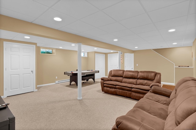 288 Pine Ln, Wethersfield, CT 06109 - living area featuring a baseboard radiator, recessed lighting, billiards, carpet flooring, and a drop ceiling