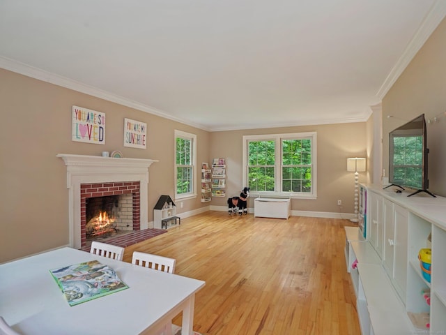 119 Deforest Rd, Wilton, CT 06897 - living room with light wood finished floors, ornamental molding, and a fireplace