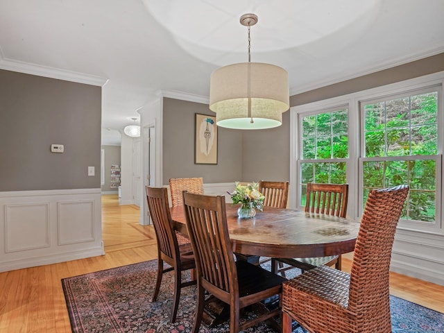 119 Deforest Rd, Wilton, CT 06897 - dining space featuring crown molding, plenty of natural light, wainscoting, light wood finished floors, and a decorative wall