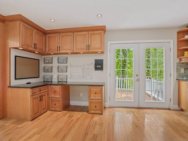 119 Deforest Rd, Wilton, CT 06897 - kitchen with french doors, light wood finished floors, open shelves, dark stone counters, and recessed lighting