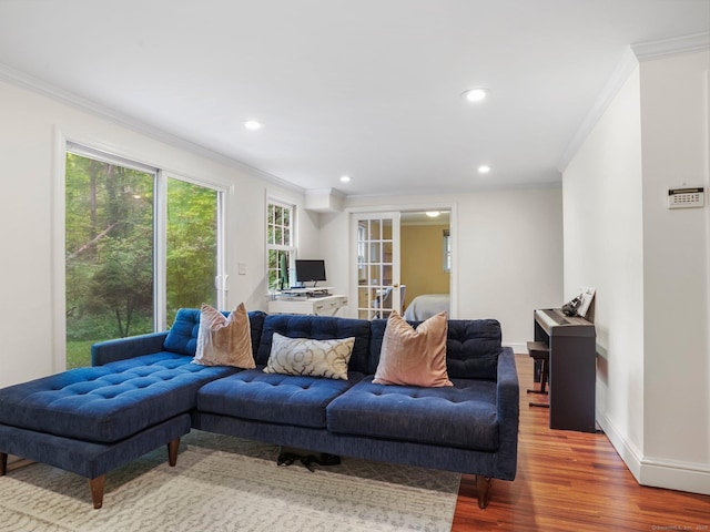 119 Deforest Rd, Wilton, CT 06897 - living area featuring ornamental molding, wood finished floors, recessed lighting, and french doors