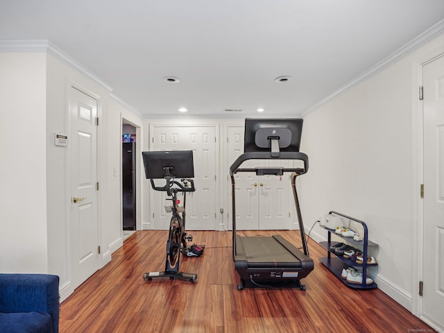 119 Deforest Rd, Wilton, CT 06897 - workout area with wood finished floors, ornamental molding, and recessed lighting