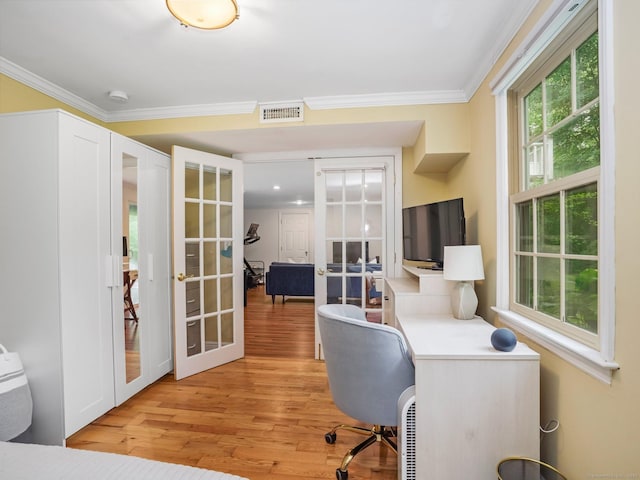 119 Deforest Rd, Wilton, CT 06897 - home office with french doors, plenty of natural light, light wood finished floors, and ornamental molding