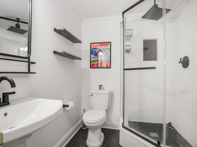 119 Deforest Rd, Wilton, CT 06897 - full bathroom with a stall shower, ornamental molding, and tile patterned flooring