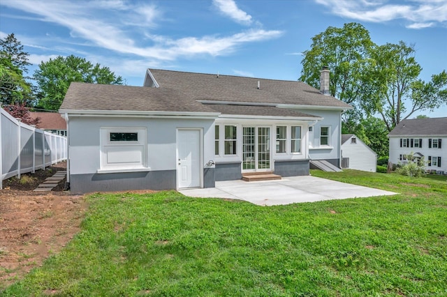 2 Riverview Pl, Cromwell, CT 06416 - rear view of property with a patio area, entry steps, a lawn, a shingled roof, and stucco siding