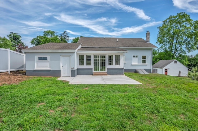 2 Riverview Pl, Cromwell, CT 06416 - rear view of property with a patio area, stucco siding, a chimney, and entry steps