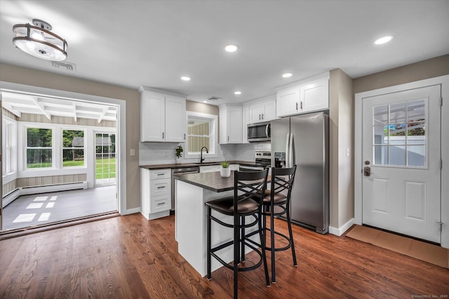 2 Riverview Pl, Cromwell, CT 06416 - kitchen with appliances with stainless steel finishes, dark countertops, recessed lighting, dark wood finished floors, and white cabinets