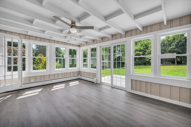 2 Riverview Pl, Cromwell, CT 06416 - unfurnished sunroom featuring ceiling fan, baseboard heating, wood finished floors, beamed ceiling, and coffered ceiling